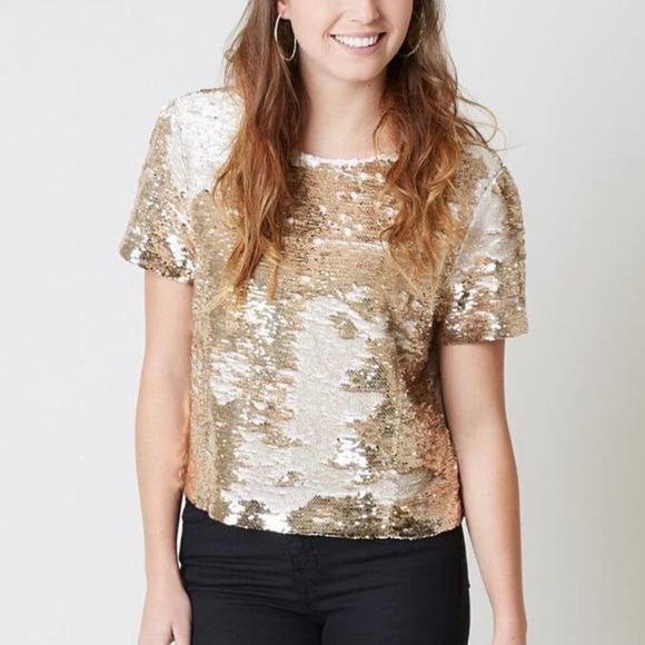 Ark & Co Champagne Flip Sequin Top Womens Small Loose Fit Lined TE4468T - Picture 1 of 12